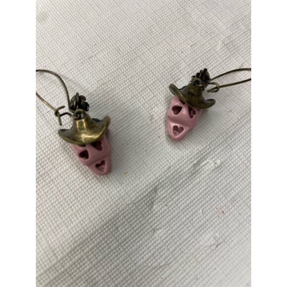 Funky Boho Skull Pink Gem Hat Earrings - Picture 4 of 4